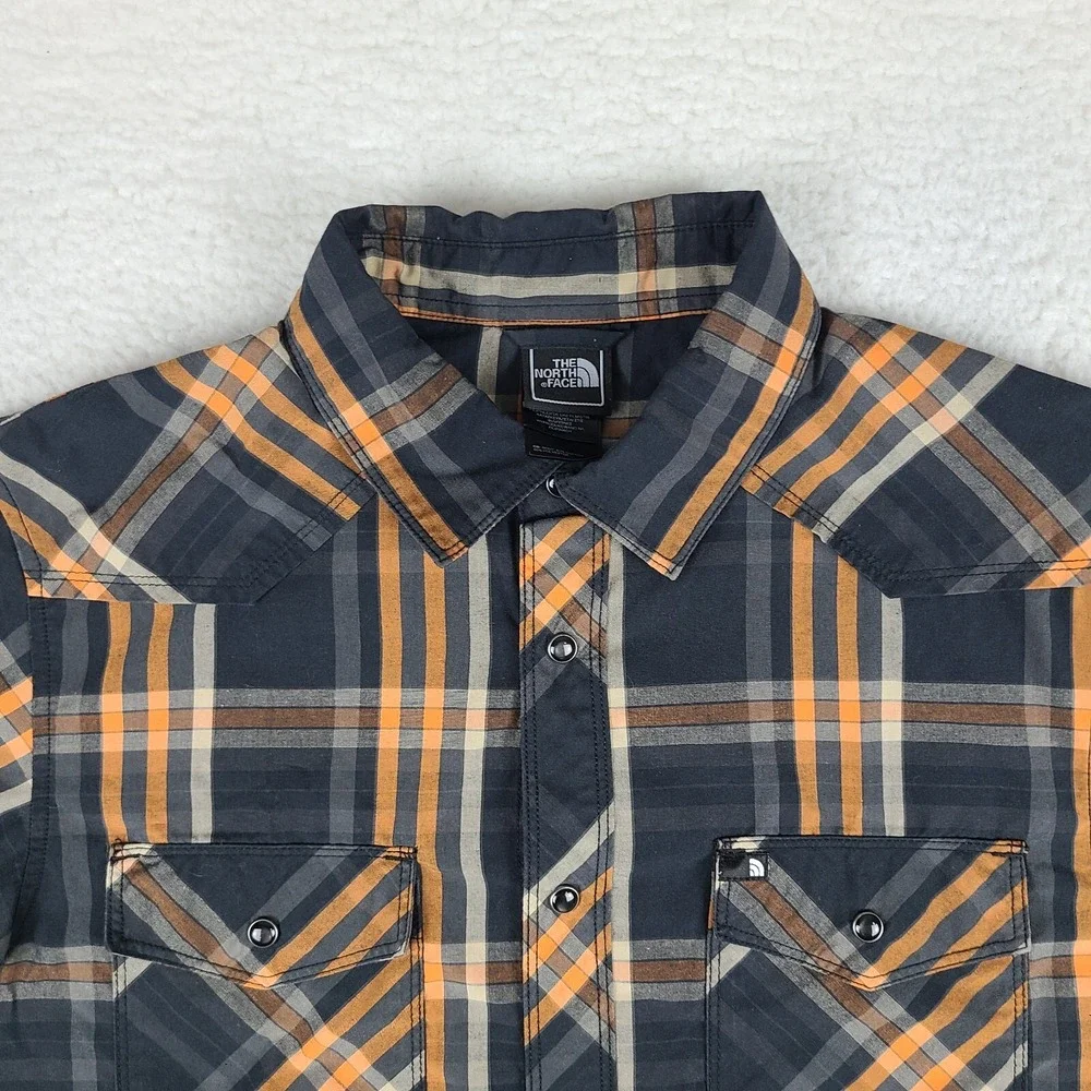 The North Face Shirt Mens Small Black Orange Plaid‎ Casual Snap Button Up